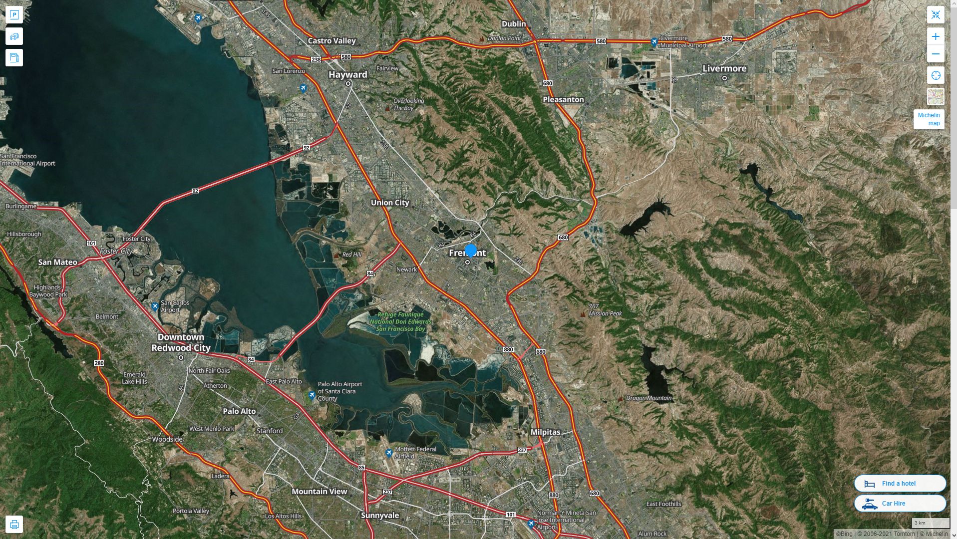 Fremont California Highway and Road Map with Satellite View
